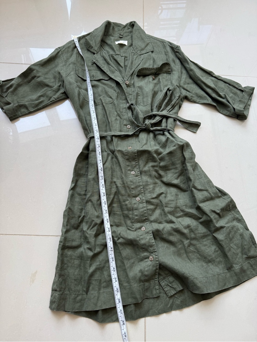 Lou & Grey Olive Green Button-Up Shirt Dress w/Tie Belt 100% Linen - Picture 2 of 4